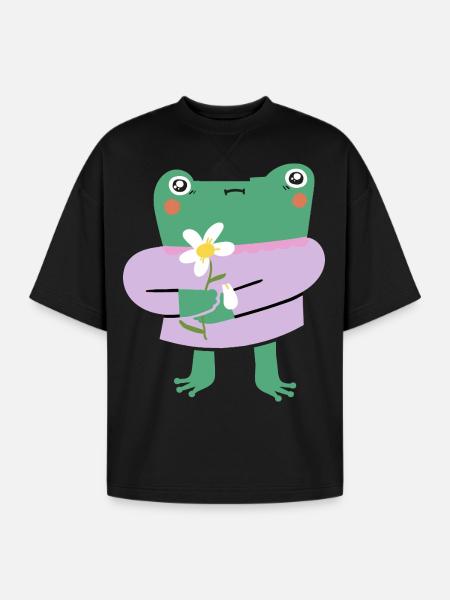 Shy Frog with Flower - Oversized Unisex Short Sleeve Sweatshirt - black