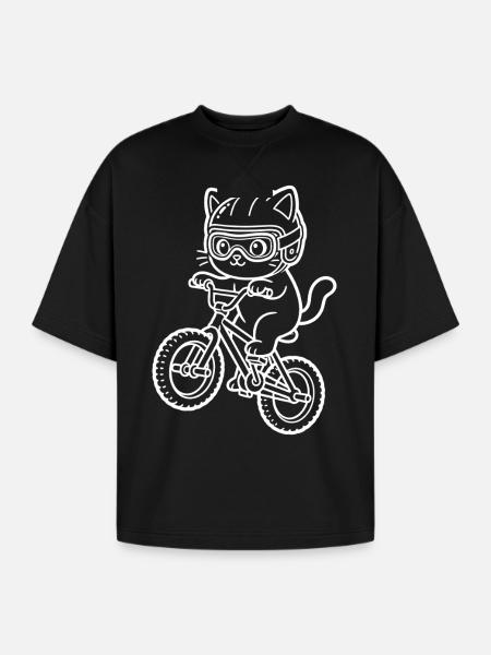 Kawaii Cat Riding BMX Bike - Oversized Unisex Short Sleeve Sweatshirt - black