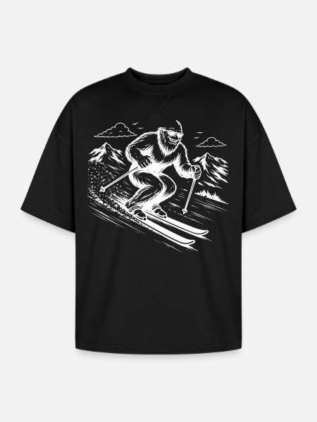 Bigfoot Sasquatch Skier in the Mountains - Oversized Unisex Short Sleeve Sweatshirt - black