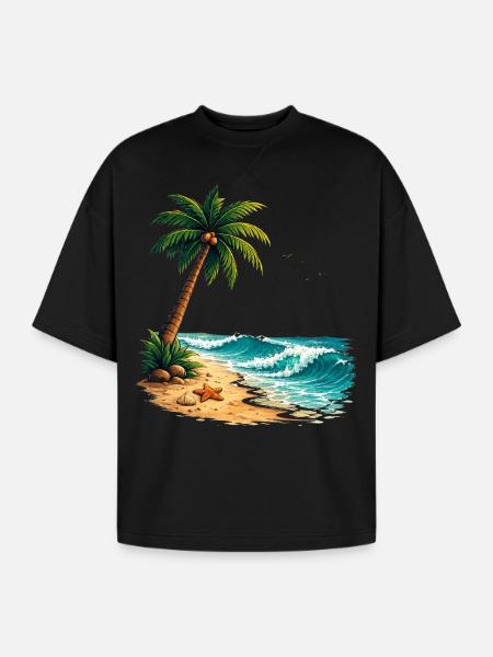 Tropical Palm Tree Beach Summer T-Shirt - Oversized Unisex Short Sleeve Sweatshirt - black