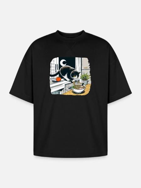 Moonlit Cat Noodle Quest - Oversized Unisex Short Sleeve Sweatshirt - black