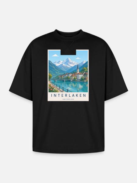 Interlaken Alpine Lakescape - Oversized Unisex Short Sleeve Sweatshirt - black