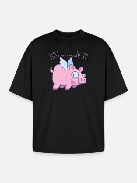 Just Wingin’ It Derpy Flying Pig - Oversized Unisex Short Sleeve Sweatshirt - black