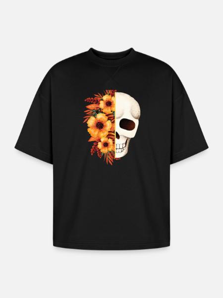 Floral Skull Split - Oversized Unisex Short Sleeve Sweatshirt - black