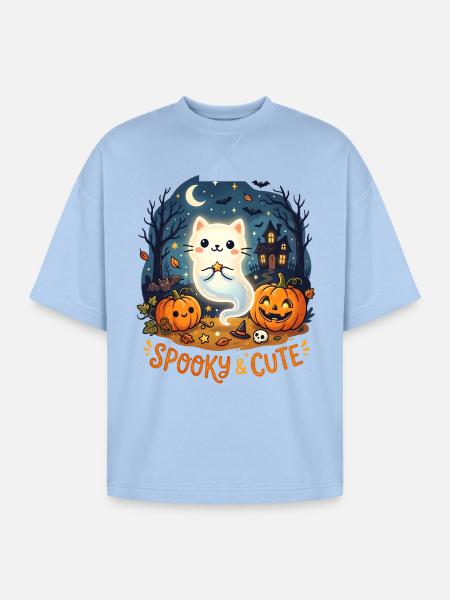 Spooky Cute Ghost Cat Halloween - Oversized Unisex Short Sleeve Sweatshirt - powder blue