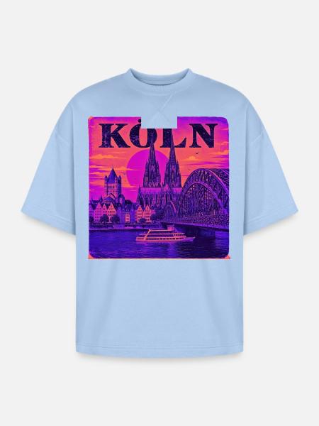Koeln-Skyline-Retro-Sunset-Art-Print-Cologne-Köln - Oversized Unisex Short Sleeve Sweatshirt - powder blue