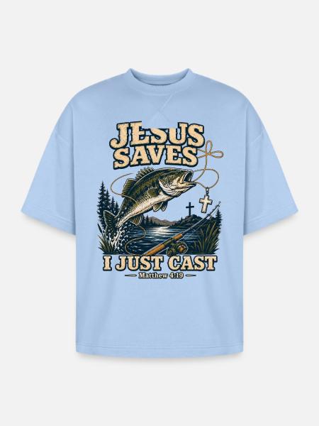 Jesus Saves I Just Cast Christian Fishing - Oversized Unisex Short Sleeve Sweatshirt - powder blue