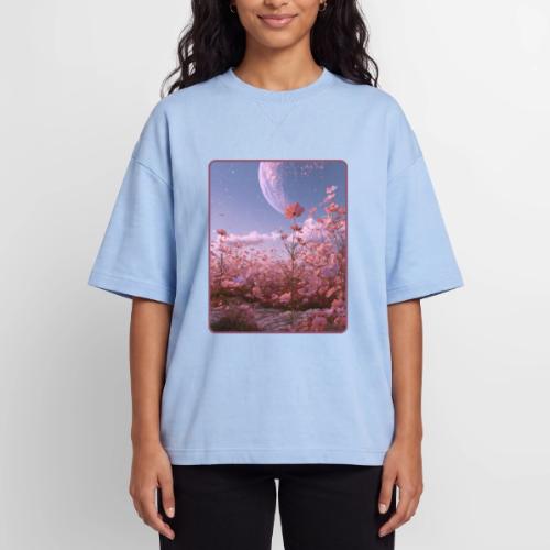 Cosmic Moon & Cosmos Flowers Art - Oversized Unisex Short Sleeve Sweatshirt