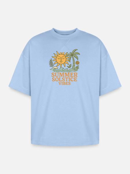 Summer Solstice Vibes Sun and Palm Design - Oversized Unisex Short Sleeve Sweatshirt - powder blue