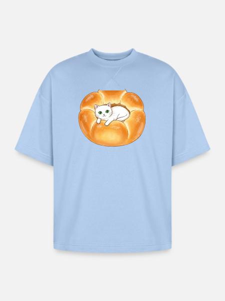 Whimsical Cat in Bread Illustration - Oversized Unisex Short Sleeve Sweatshirt - powder blue
