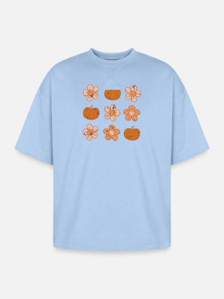 Rustic Pumpkin and Flower Pattern - Oversized Unisex Short Sleeve Sweatshirt - powder blue