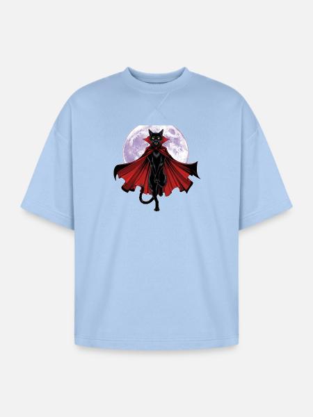 Vampire Cat Under Full Moon - Oversized Unisex Short Sleeve Sweatshirt - powder blue