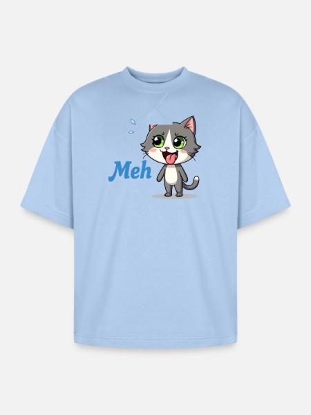 Meh – Funny Cat Meme - Oversized Unisex Short Sleeve Sweatshirt - powder blue