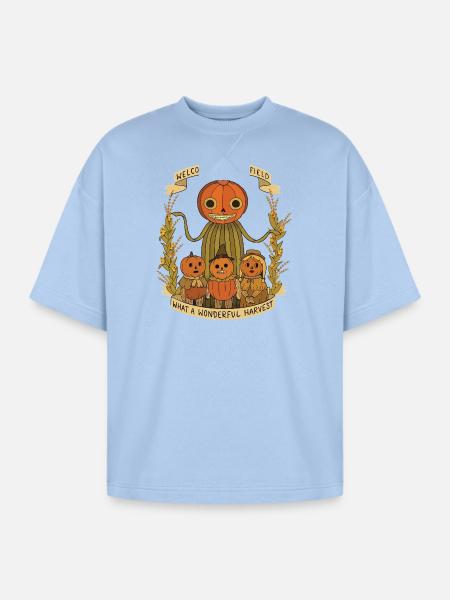 Harvest Family Pumpkin Scarecrow Banner - Oversized Unisex Short Sleeve Sweatshirt - powder blue