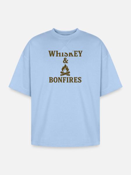 Whiskey & Bonfires Rustic Camp Graphic - Oversized Unisex Short Sleeve Sweatshirt - powder blue