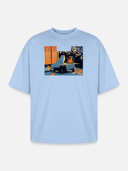 Blue Cat Lantern Night Garden - Oversized Unisex Short Sleeve Sweatshirt - powder blue