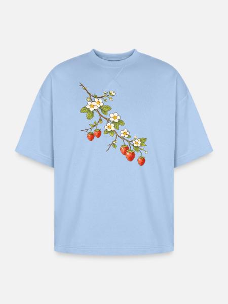 Strawberry Branch with Blossoms Illustration - Oversized Unisex Short Sleeve Sweatshirt - powder blue
