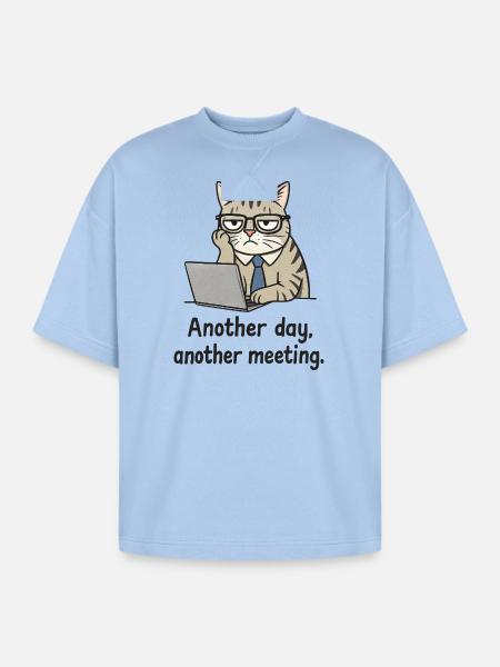 Grumpy Office Cat at Laptop - Oversized Unisex Short Sleeve Sweatshirt - powder blue