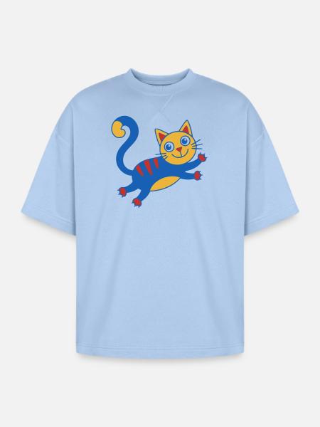 Vibrant Blue Cat Cartoon - Oversized Unisex Short Sleeve Sweatshirt - powder blue