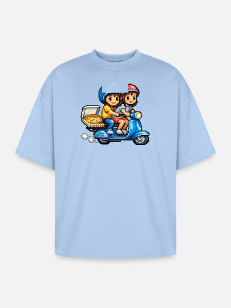 Boy and Girl on Vespa with Pizza! - Oversized Unisex Short Sleeve Sweatshirt - powder blue