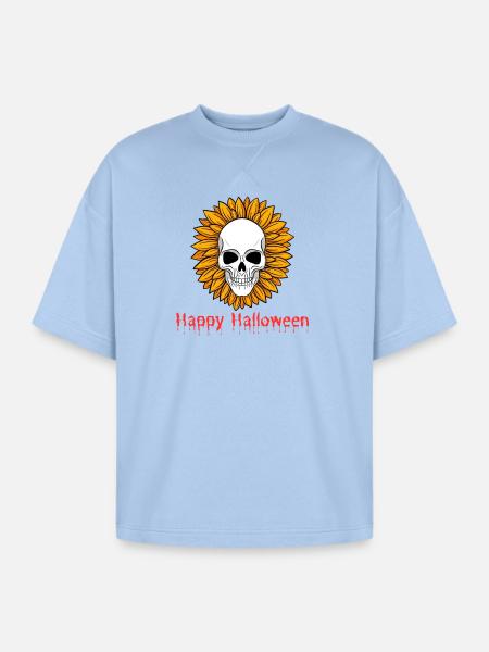 Sunflower Skull Halloween Tee - Oversized Unisex Short Sleeve Sweatshirt - powder blue