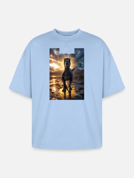 Dino at Sunset Shore - Oversized Unisex Short Sleeve Sweatshirt - powder blue