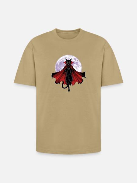 Vampire Cat Under Full Moon - Heavyweight Unisex T-Shirt HAMMER by Gildan - tan
