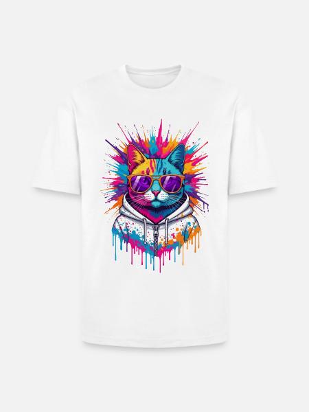 Neon Splash Cat Hoodie - Heavyweight Unisex T-Shirt HAMMER by Gildan - white