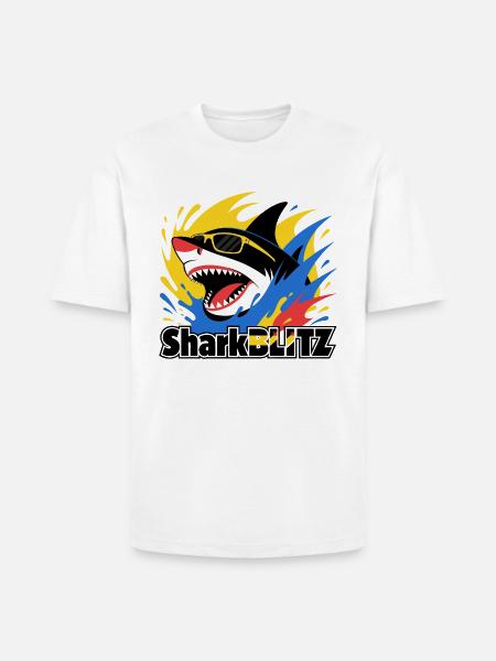 Neon Shark Splash Sunglasses Tee - Heavyweight Unisex T-Shirt HAMMER by Gildan - white