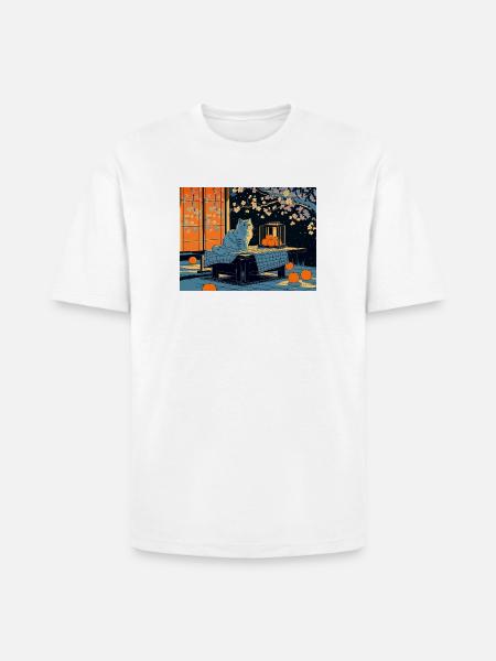 Blue Cat Lantern Night Garden - Heavyweight Unisex T-Shirt HAMMER by Gildan - white