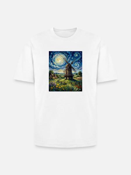 Moonlit Windmill in Bloom - Heavyweight Unisex T-Shirt HAMMER by Gildan - white