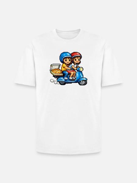 Boy and Girl on Vespa with Pizza! - Heavyweight Unisex T-Shirt HAMMER by Gildan - white