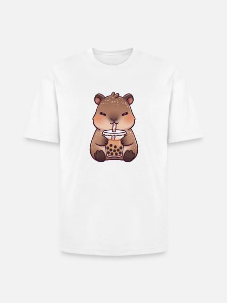 Kawaii CapybaraDrinking Milk Tea - Heavyweight Unisex T-Shirt HAMMER by Gildan - white