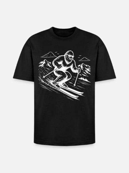 Bigfoot Sasquatch Skier in the Mountains - Heavyweight Unisex T-Shirt HAMMER by Gildan - black