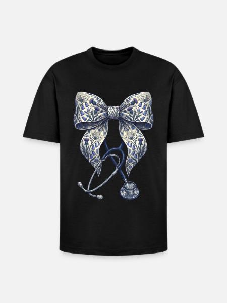 Floral Bow Stethoscope - Heavyweight Unisex T-Shirt HAMMER by Gildan - black