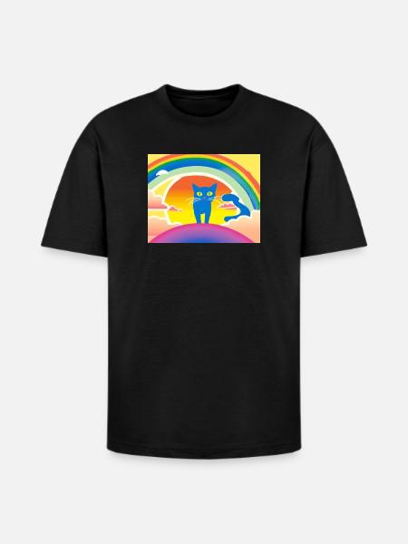 Blue Cat Rainbow Sunset - Heavyweight Unisex T-Shirt HAMMER by Gildan - black
