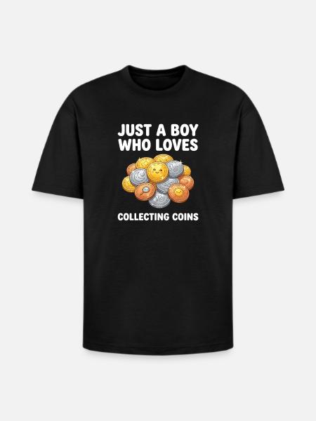 Coin-Loving Boy Collecting Coins - Heavyweight Unisex T-Shirt HAMMER by Gildan - black