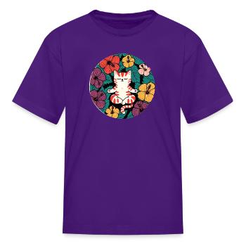 Zen Hibiscus Cat - Kid's T-Shirt - purple - Front