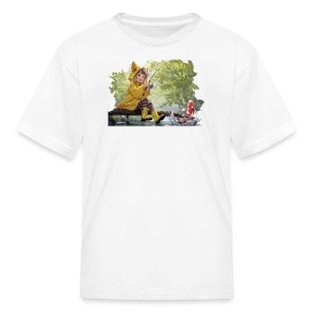 Yellow Raincoat Girl Fishing - Kid's T-Shirt - white - Front