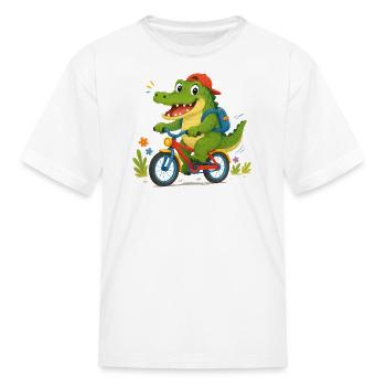 Cheerful crocodile riding a bicycle to school - Kid's T-Shirt - white - Front