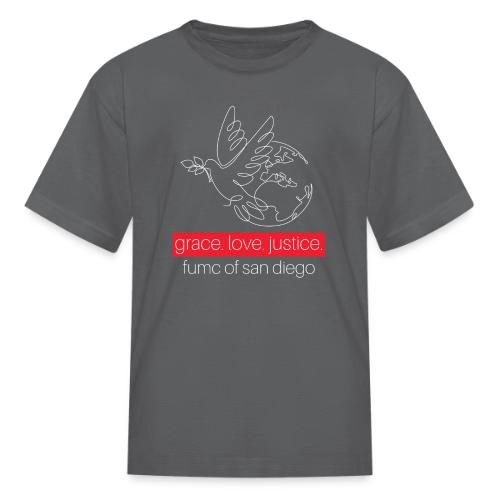 Grace. Love. Justice.- dove and earth graphic - Kid's T-Shirt
