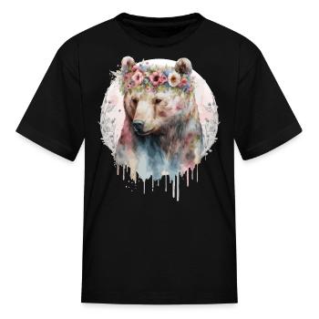 Artistic Watercolor Grizzly Bear Flower Crown Boho - Kid's T-Shirt - black - Front