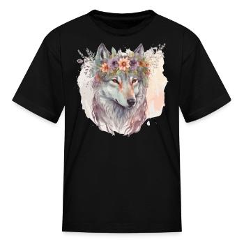 Artistic Watercolor Wolf Flower Crown Floral Anima - Kid's T-Shirt - black - Front