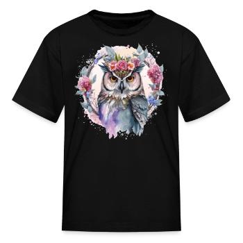Watercolor Owl Flower Crown Artistic Floral Birds - Kid's T-Shirt - black - Front