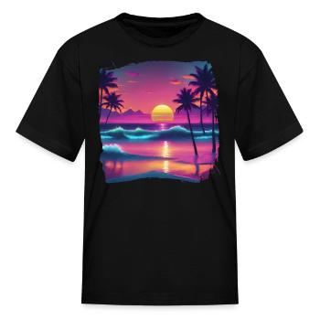 80s AI Airbrushed Beach Scene -Kids Shirts - Kid's T-Shirt - black - Front
