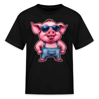 AI Airbrushed Cool Pig Cartoon - Kid's T-Shirt - black - Front