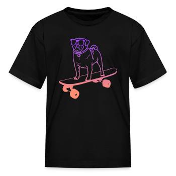 Skateboarding Dog Pug on Skateboard Skateboarder - Kid's T-Shirt - black - Front