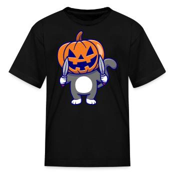 Cat With Pumpkin Head And Knife - Halloween - Kid's T-Shirt - black - Front
