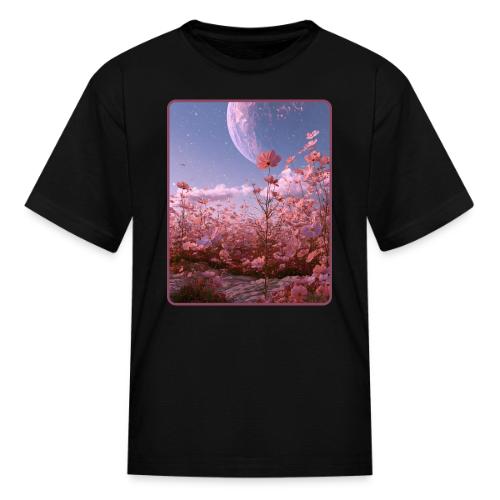 Cosmic Moon & Cosmos Flowers Art - Kid's T-Shirt
