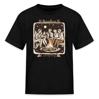 camping, around a campfire, making a fire - Kid's T-Shirt - black - Front